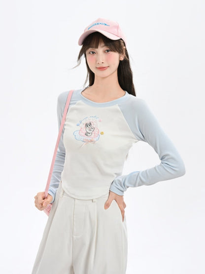 Cartoon Kitty Embroidery Blue and White Colorblock Design Top