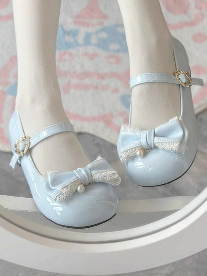 Blue Lace Trim and Bead Charm Decorated Bowknot Sweet Lolita Mary Janes