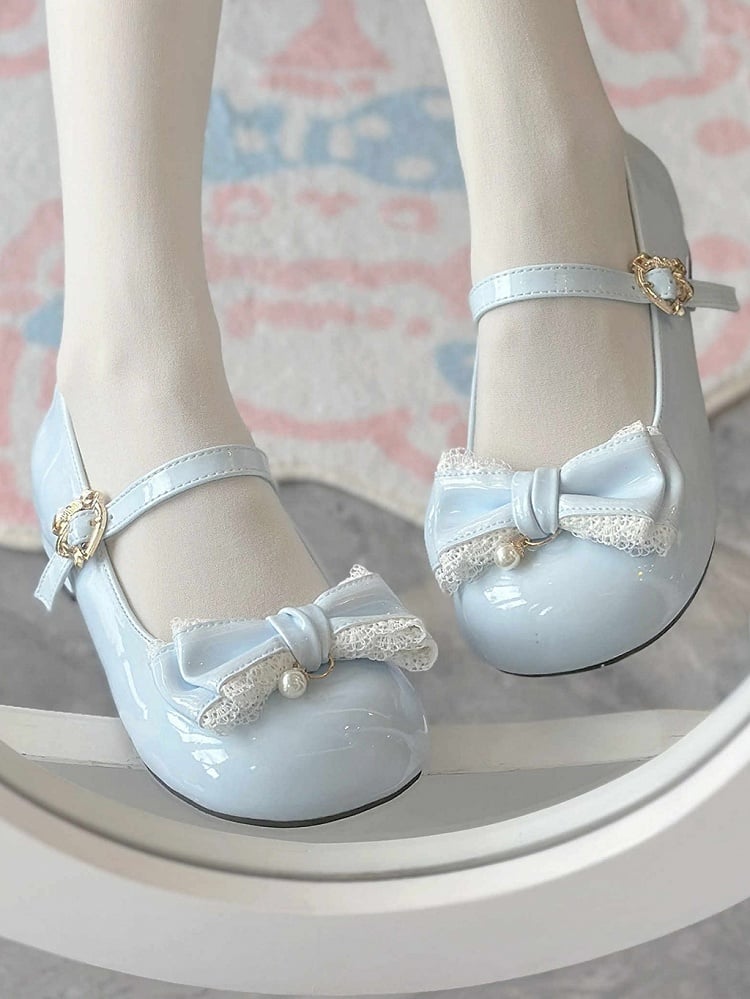 Blue Lace Trim and Bead Charm Decorated Bowknot Sweet Lolita Mary Janes