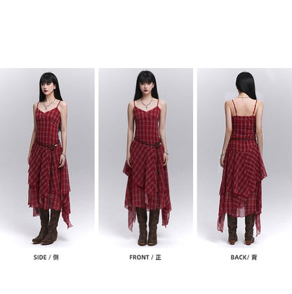 Red Plaid V-Neck Handkerchief Hem Cami Dress