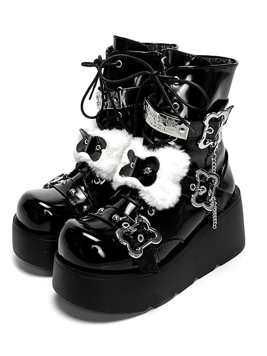Buckle Straps Plush Bone Decorated Polished Black Punk Platform Boots