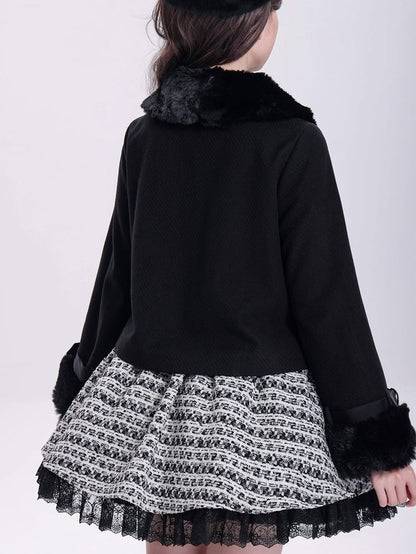 Jirai Kei Black Detachable Faux Fur Collar and Cuffs Landmine Style Coat