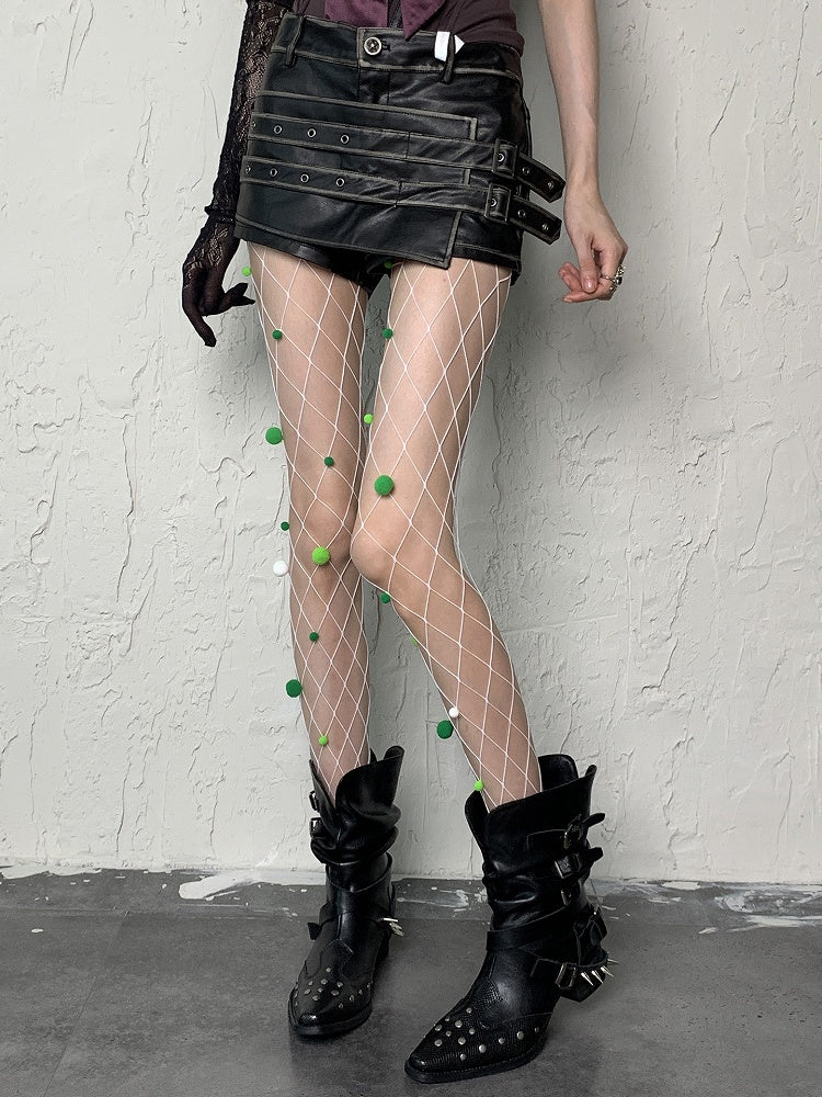 White Y2K Cut-out Design Fishnet Tights With Green Pompons