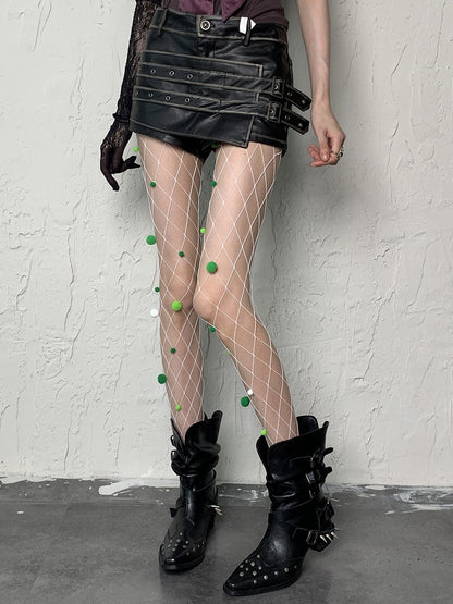 White Y2K Cut-out Design Fishnet Tights With Green Pompons