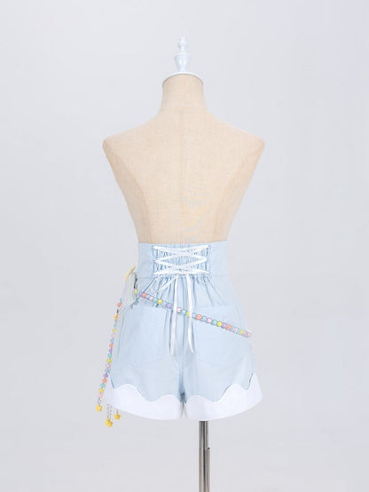 Blue High Waist Shorts with Rainbow Beaded Waist Bowknot Chain