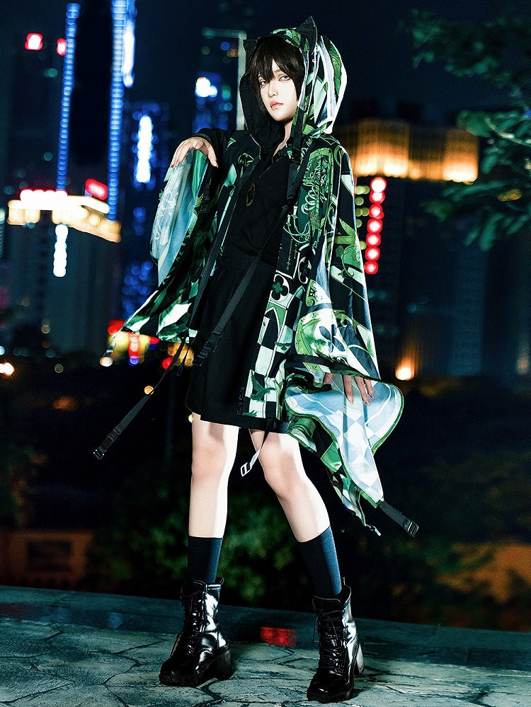 Green Cyberpunk Techwear Ouji Fashion Cat Ears Hooded Top Buckle Strappy Details