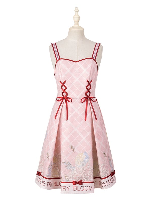 Pink and Red Trimming Lace-up Front Lolita Jumper Skirt