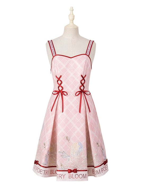 Pink and Red Trimming Lace-up Front Lolita Jumper Skirt