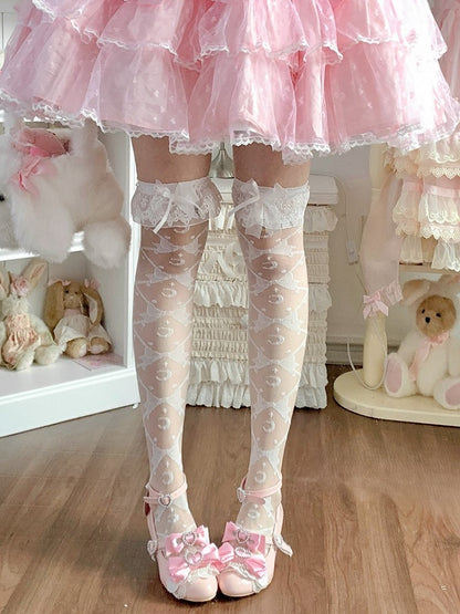 White Moon and Bowknots Pattern Lace Cuffs Sweet Lolita Underknee/Overknee Stockings