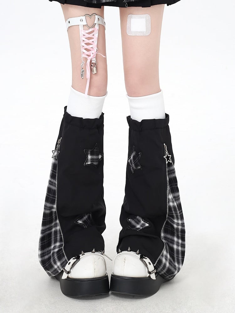 Y2K Style Plaid Leg Warmers in Black & White / Red & Black Colorblock with Star Appliques