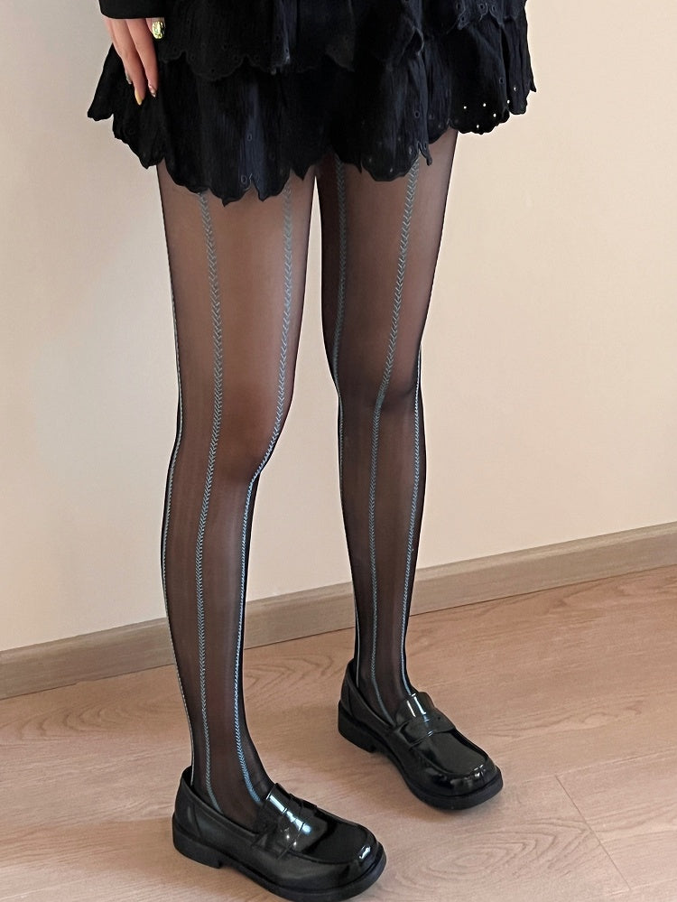 Green/White/Black Striped Pattern Ears Of Wheat Details Tights