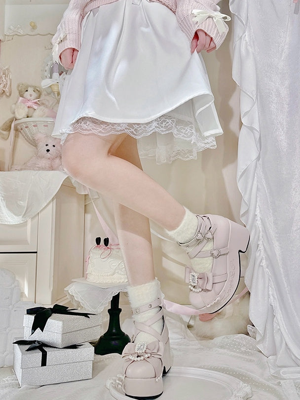 Jirai Kei Matte Pink Beaded And Rhinestone Decorated Bow at Top Platform High Block Heels