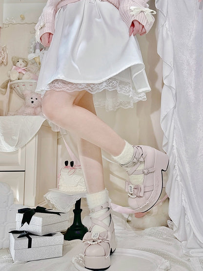 Jirai Kei Matte Pink Beaded And Rhinestone Decorated Bow at Top Platform High Block Heels