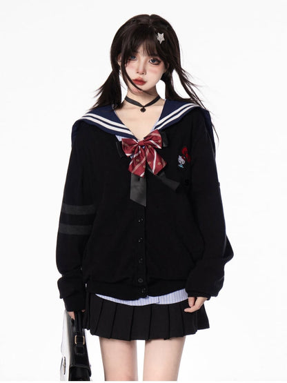 Double Heart Buckles Black Preppy Style Pleated Skirt