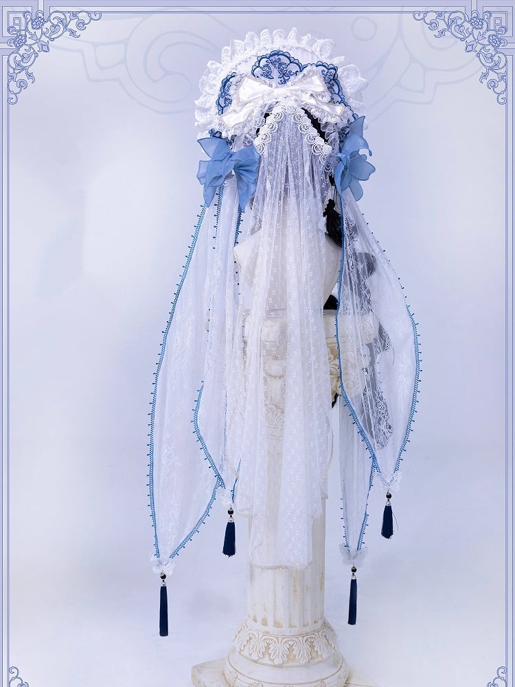 White and Blue Bonnet with Detachable Veil