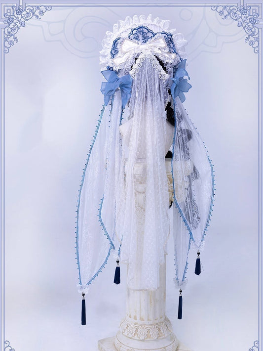 White and Blue Bonnet with Detachable Veil