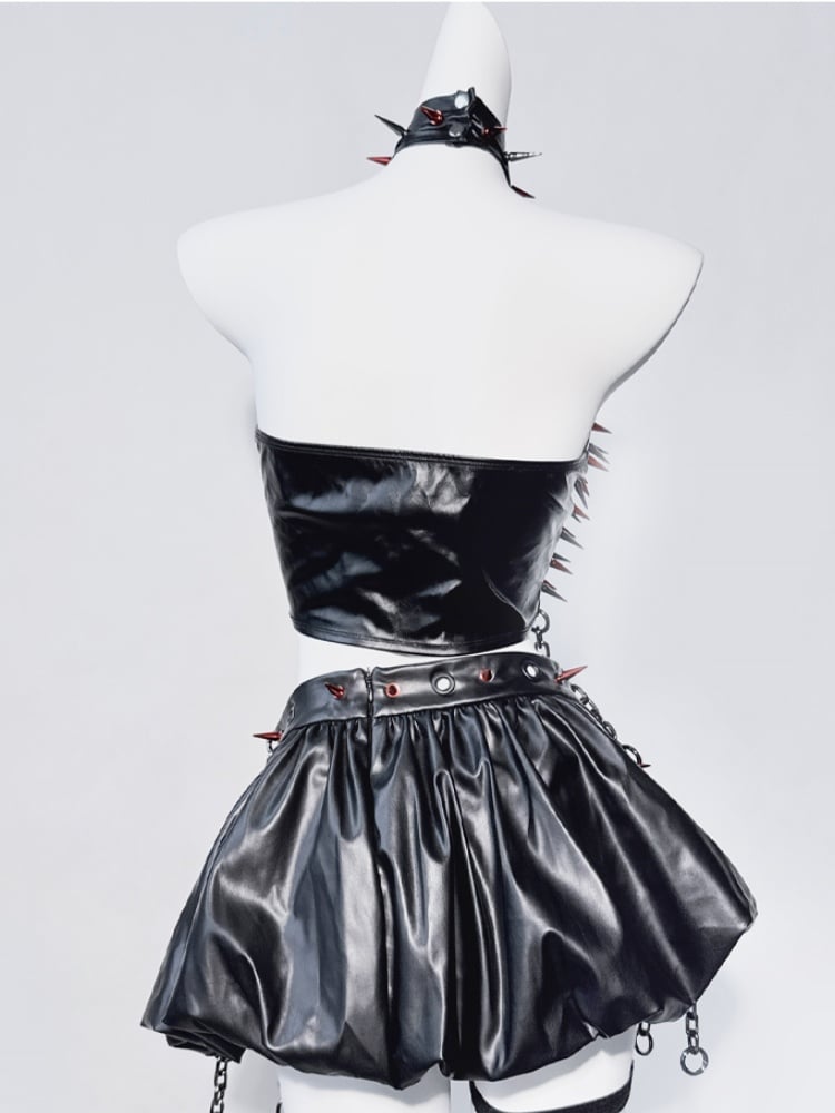 Punk Black PU Halter Neck Studs Cross Chain Design Sleeveless Top+Skirt Set