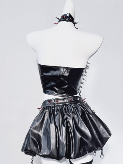 Punk Black PU Halter Neck Studs Cross Chain Design Sleeveless Top+Skirt Set