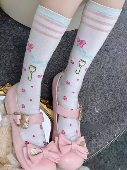 White Underknee Stockins With Beige Fork and Pink Cake Pattern