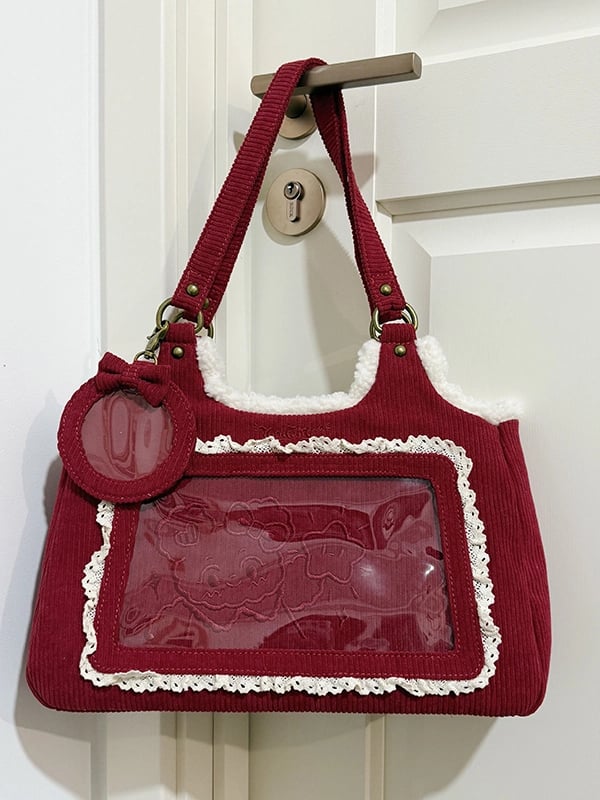 Red Corduroy Lace Trim Daily Ita bag with Card Holder Charm