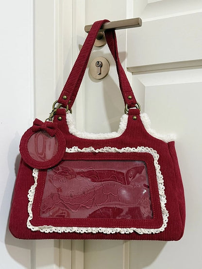Red Corduroy Lace Trim Daily Ita bag with Card Holder Charm