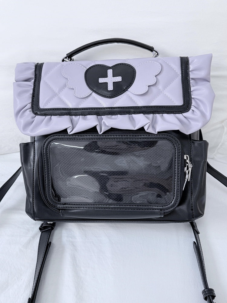 Black & Purple Jirai Kei Ita Bag with Heart and Angel Wing Accents