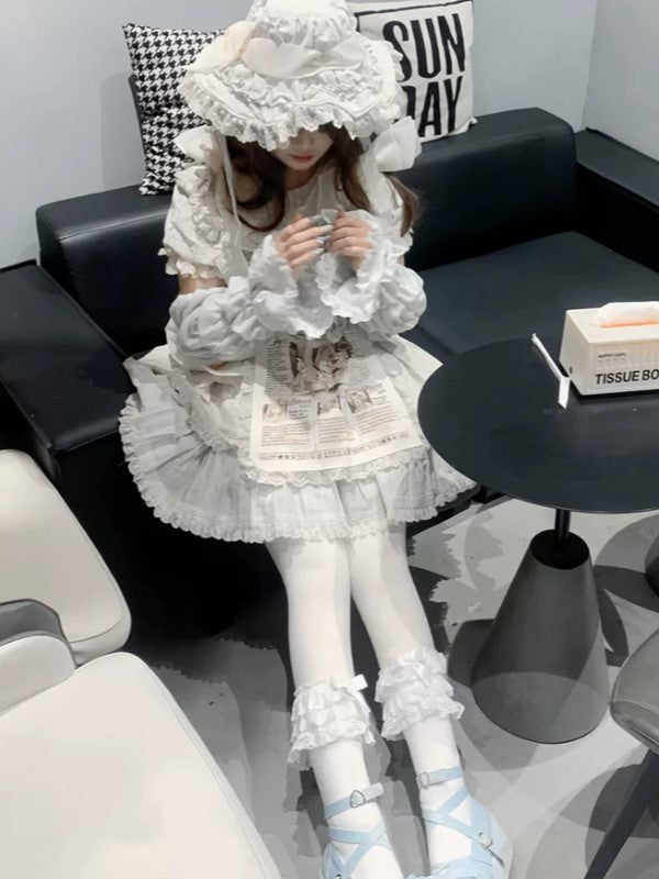 White Lolita Hollow-out Lace Tiered Cuffs Sleeves With Gray/Pink/Black Bowknot Details