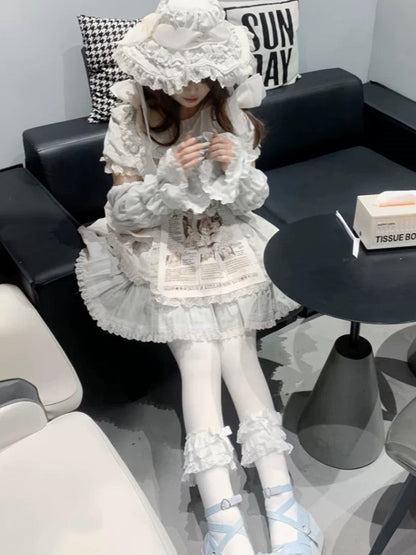 White Lolita Hollow-out Lace Tiered Cuffs Sleeves With Gray/Pink/Black Bowknot Details