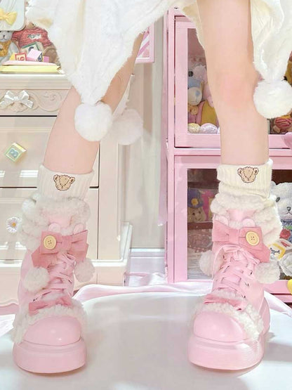 PU Pink Sweet Lolita Platform Snow Boots - Plush Lining with Bear Ear Accents & Bow Details