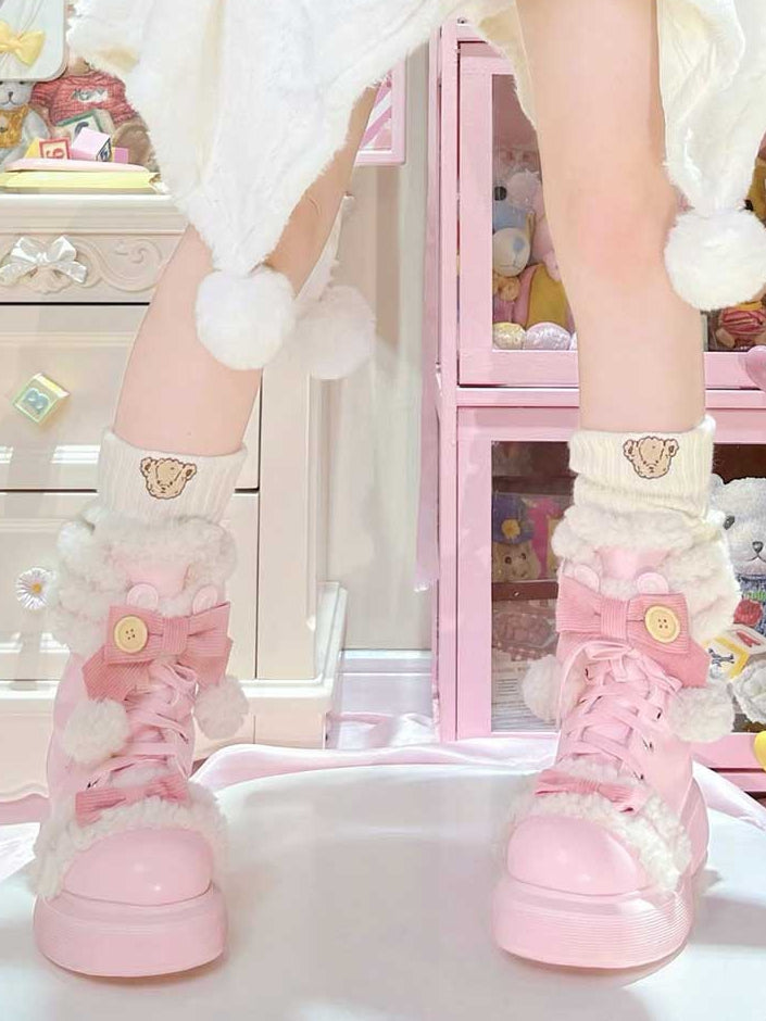 PU Pink Sweet Lolita Platform Snow Boots - Plush Lining with Bear Ear Accents & Bow Details