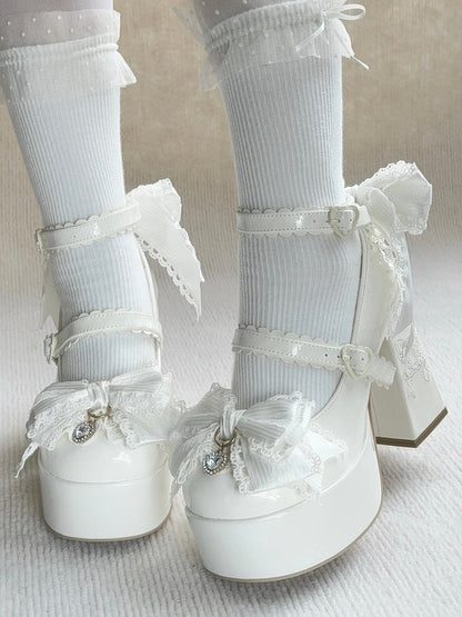 PU White Elegant Lolita Mary Janes - High Block Heel Design, Rhinestone Decor Bow & Striped Straps