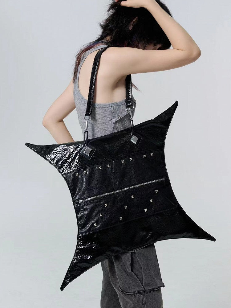 Gothic Punk Studs Black Four-pointed Star Large Capacity PU Bag