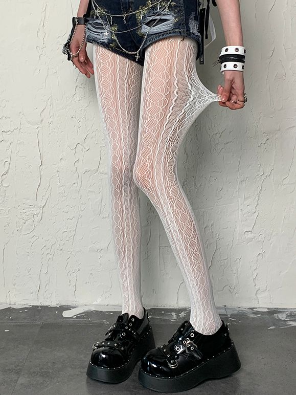 Gyaru Fashion White Wasteland Punk Hollow-out Design Y2K Tights