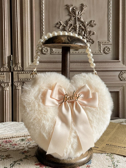 Lolita Plush Heart-Shaped Hand Bag with Bowknot and Bead Handle – 11 Color Options
