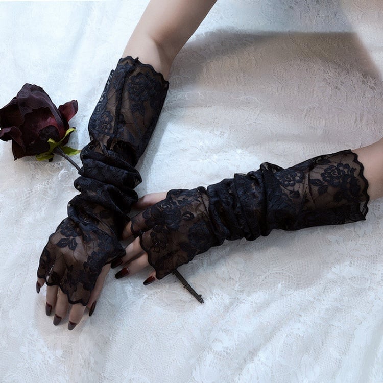 Gothic Black/White Rosette Pattern Lace Fingerless Gloves