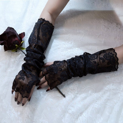 Gothic Black/White Rosette Pattern Lace Fingerless Gloves