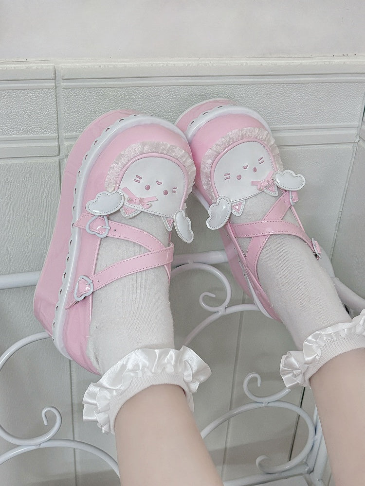 Yume Kawaii Pink Round Toe Kitty Angel Heart Buckle Platform Lolita Shoes