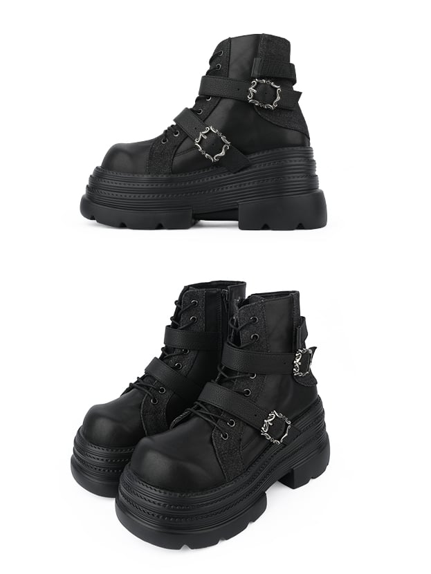 Punk Rock Black Platform Ankle Boots with Inner Zipper, Buckle Straps & Lace-Up Design