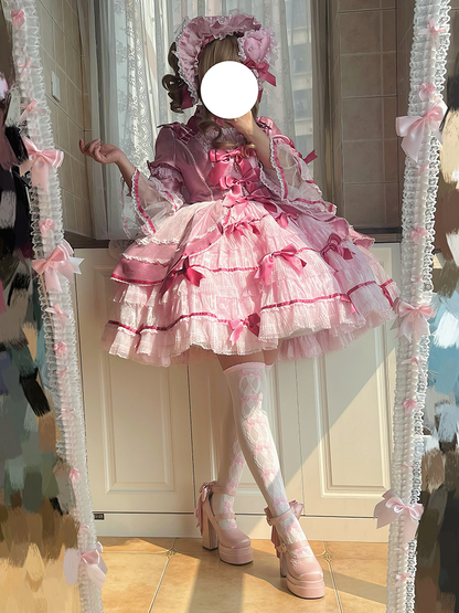 Pink Detachable Bowknot Lily of the Valley Embroidery High Block Heel Platform Mary Janes