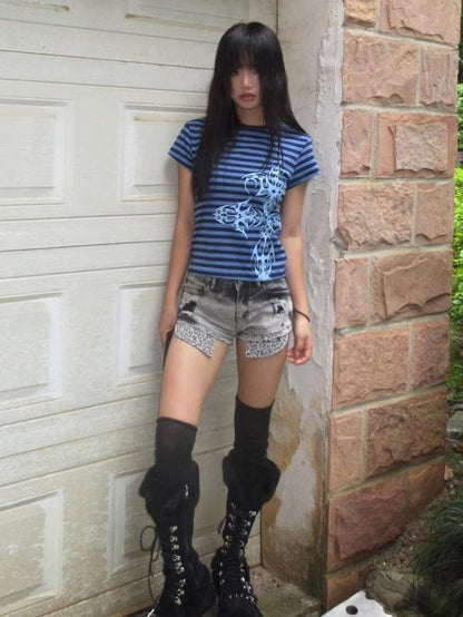 Dark Blue/Light Purple Stripe Pattern Cross Print Top