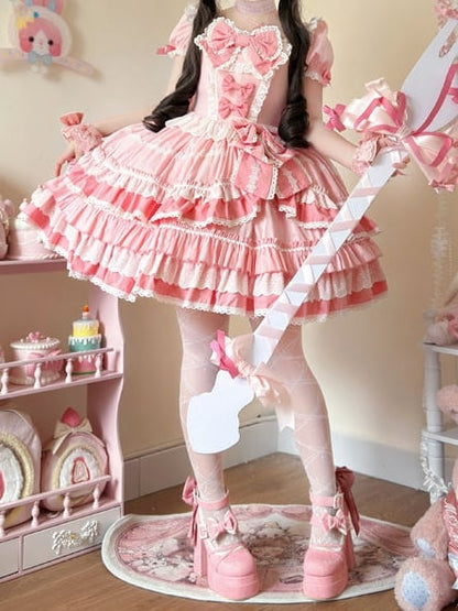 Pink Sweet Bow Accents Short Sleeves Dress Lolita One Piece