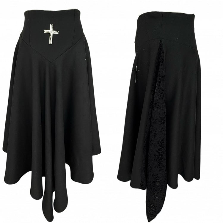 Black/Dark Gray Gothic Lace Embroidered Ankle-Length Skirt with Cross Stitch Detailing
