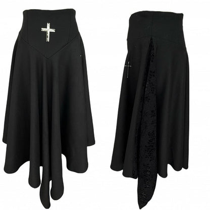 Black/Dark Gray Gothic Lace Embroidered Ankle-Length Skirt with Cross Stitch Detailing