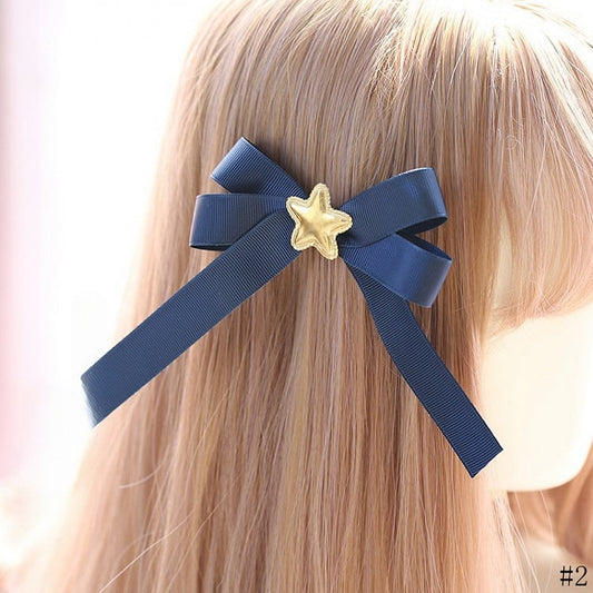 Two Options Available Cute Lolita Dark Blue Bowknot Hairclips with Golden Star Decorations