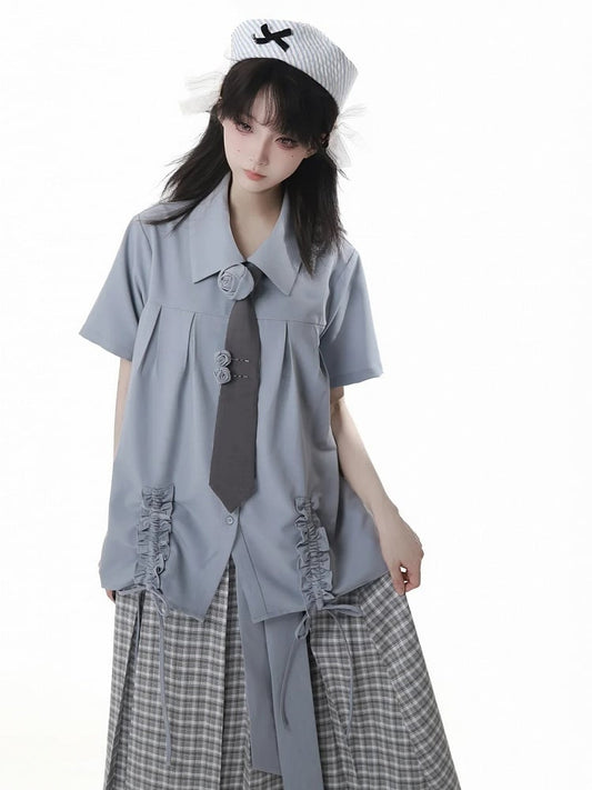 Dusty Blue Ruffle Trim Drawstring Details Preppy Style Loose Shirt