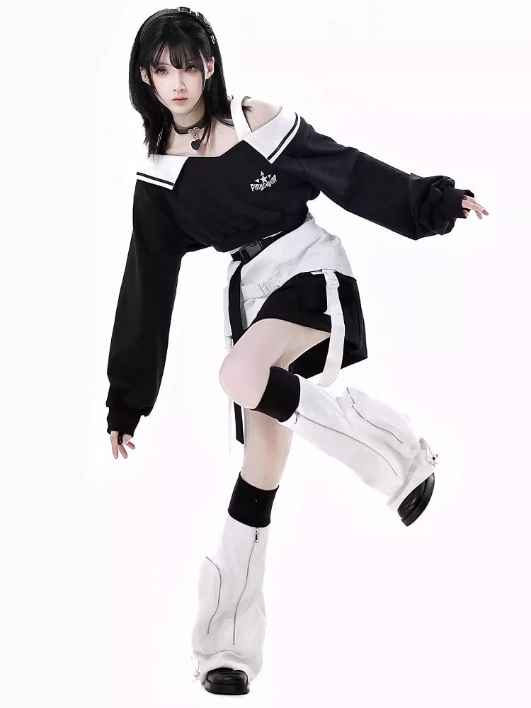 Wasteland Punk Black V-Neck Futuristic Techwear Cropped Sweatshirt