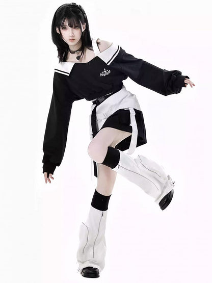 Wasteland Punk Black V-Neck Futuristic Techwear Cropped Sweatshirt