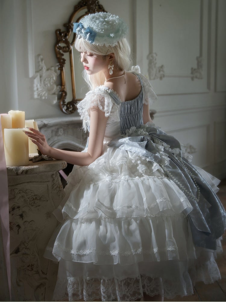 White and Blue Hanayome Bows Decoration Tiered Skirt Hime Lolita Dress