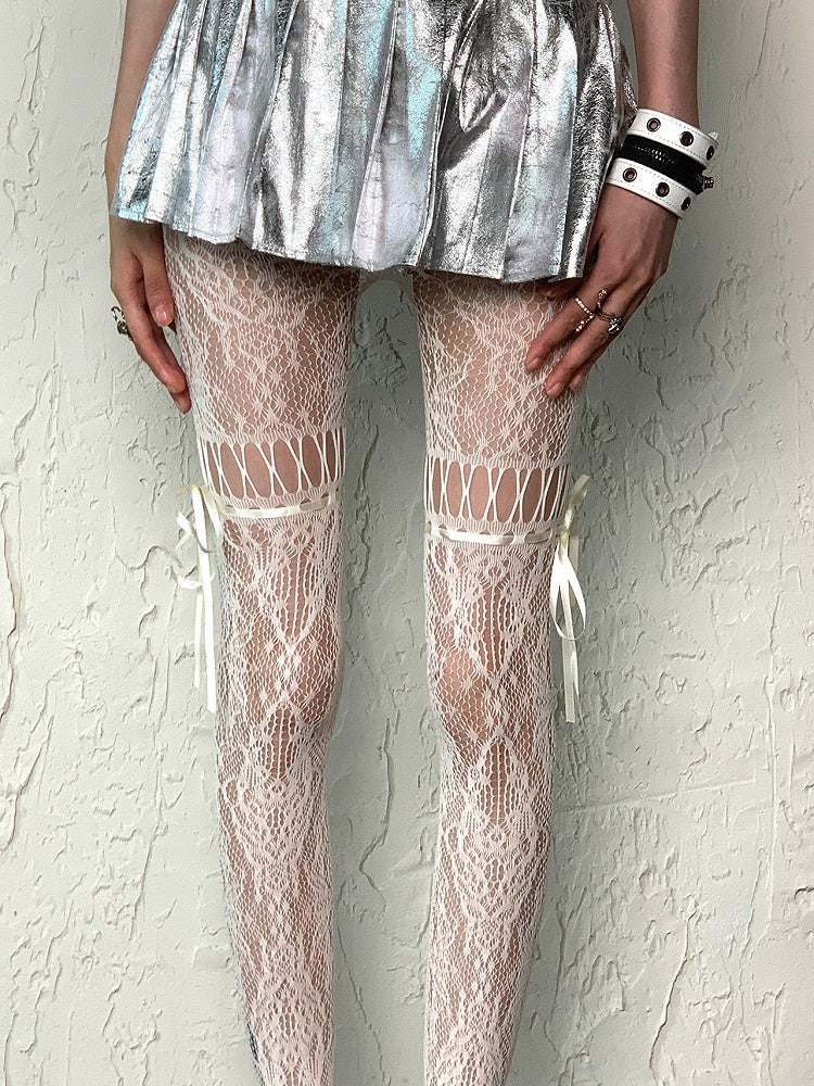 White Y2K Self-tie Straps Hollow-out Design Tights