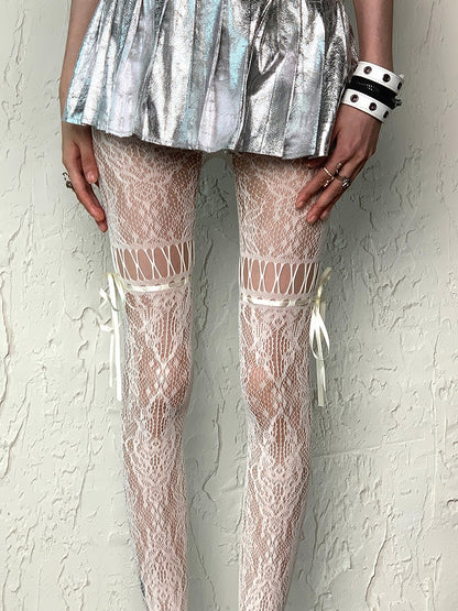 White Y2K Self-tie Straps Hollow-out Design Tights